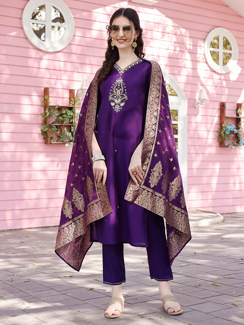 Hand Embroidered Purple Kurta With Pant & Banarasi Jacquard Dupatta Premium, Multicolor - Hiral Fashion - Distacart
