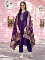 Hand Embroidered Purple Kurta With Pant & Banarasi Jacquard Dupatta Premium, Multicolor - Hiral Fashion - Distacart