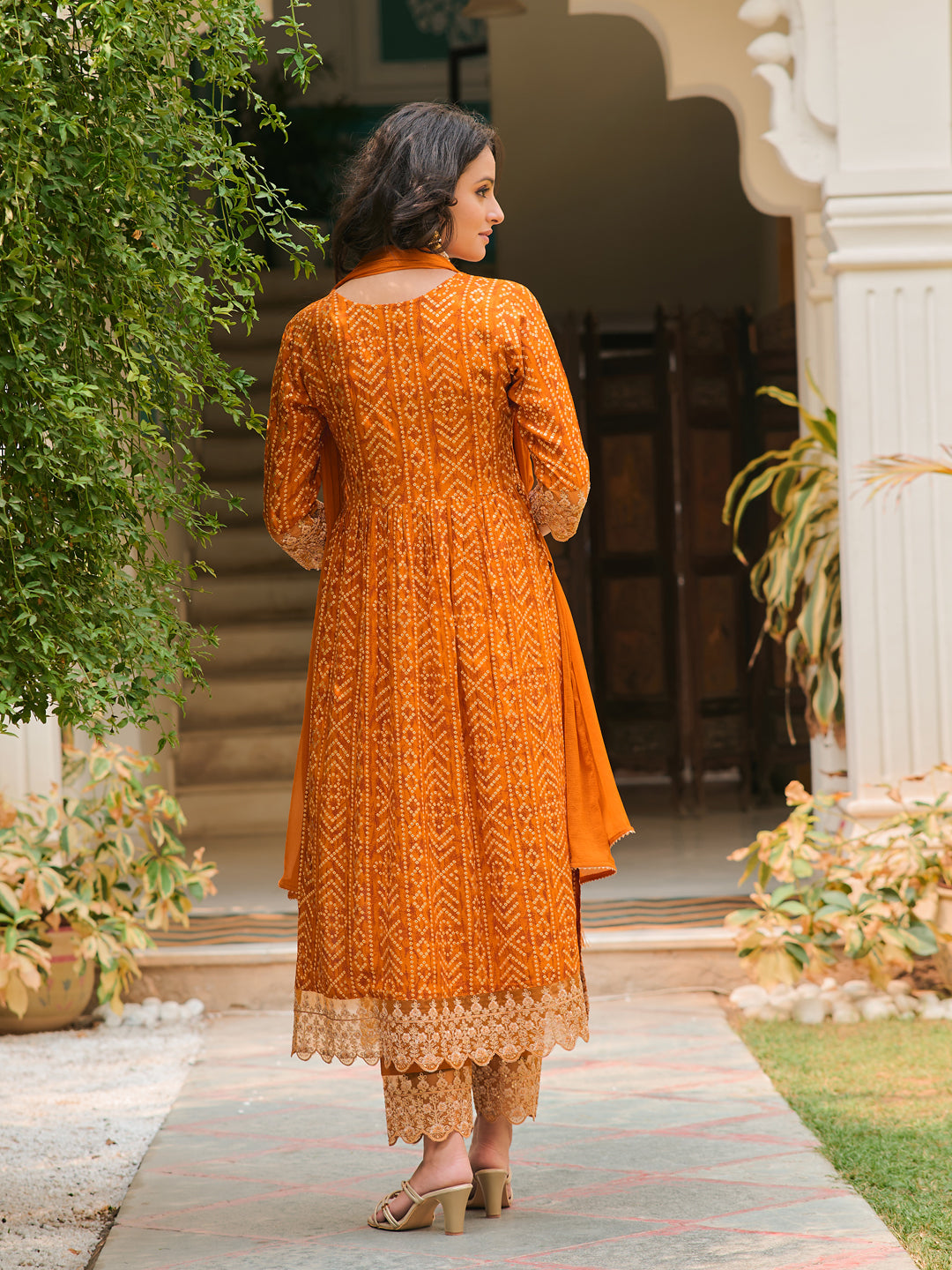 Nyra Cut Embroidered & Bandhani Printed Kurta With Lace Embroidered Pant & Dupatta, Mustard - Hiral Fashion - Distacart