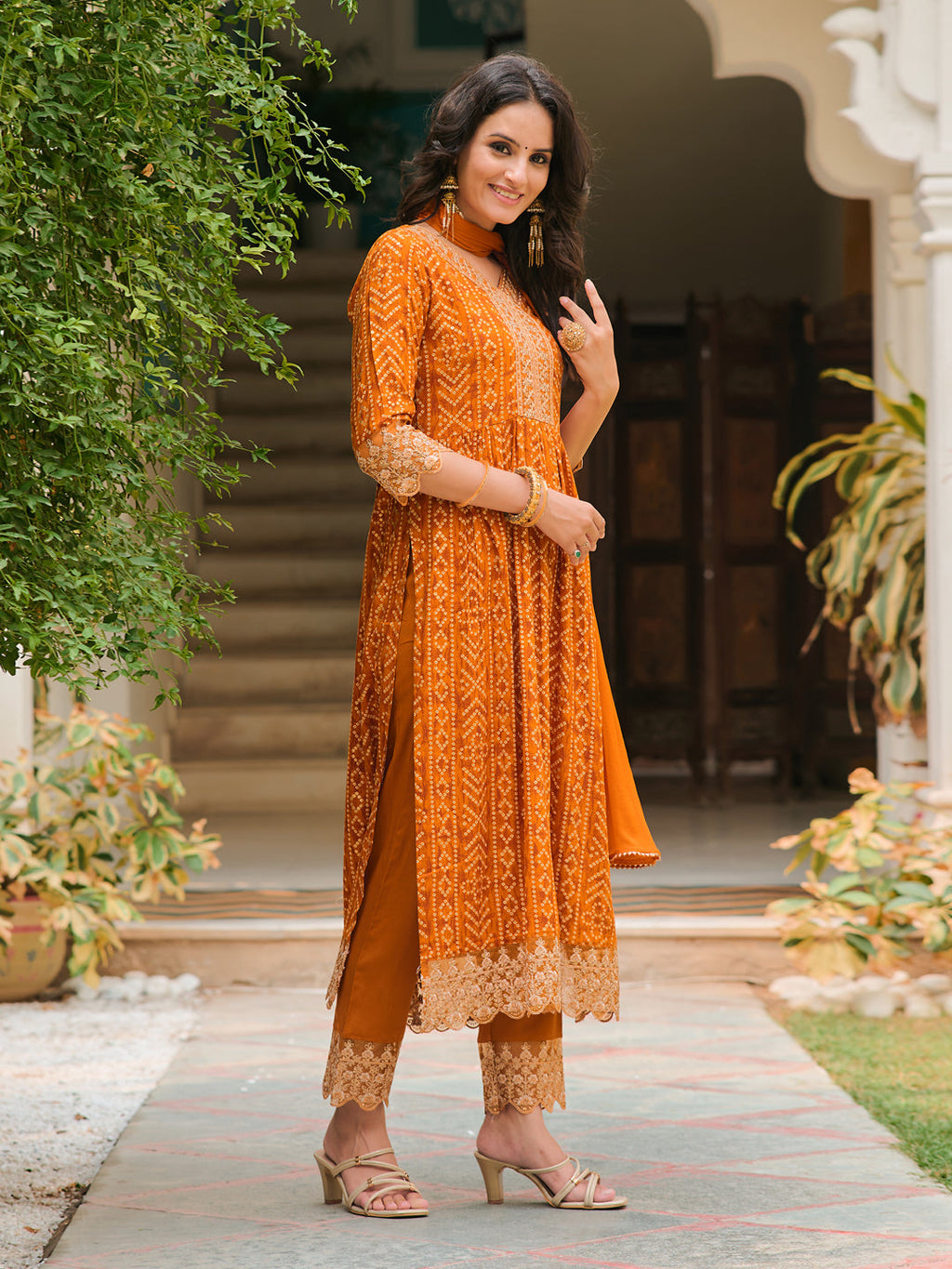 Nyra Cut Embroidered & Bandhani Printed Kurta With Lace Embroidered Pant & Dupatta, Mustard - Hiral Fashion - Distacart