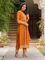 Nyra Cut Embroidered & Bandhani Printed Kurta With Lace Embroidered Pant & Dupatta, Mustard - Hiral Fashion - Distacart