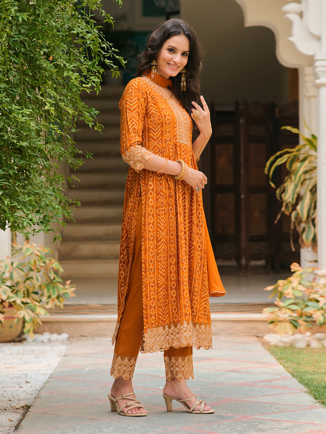 Nyra Cut Embroidered & Bandhani Printed Kurta With Lace Embroidered Pant & Dupatta, Mustard - Hiral Fashion - Distacart
