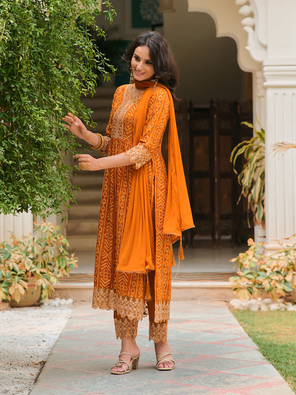 Nyra Cut Embroidered & Bandhani Printed Kurta With Lace Embroidered Pant & Dupatta, Mustard - Hiral Fashion - Distacart