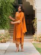 Nyra Cut Embroidered & Bandhani Printed Kurta With Lace Embroidered Pant & Dupatta, Mustard - Hiral Fashion - Distacart
