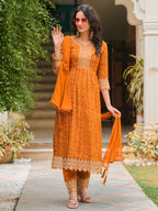 Nyra Cut Embroidered & Bandhani Printed Kurta With Lace Embroidered Pant & Dupatta, Mustard - Hiral Fashion - Distacart