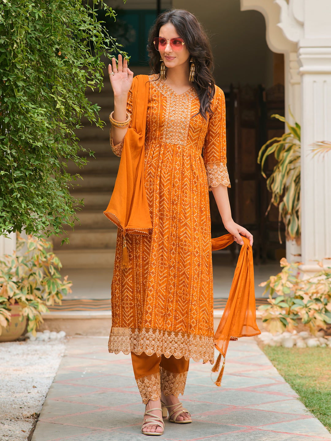Nyra Cut Embroidered & Bandhani Printed Kurta With Lace Embroidered Pant & Dupatta, Mustard - Hiral Fashion - Distacart