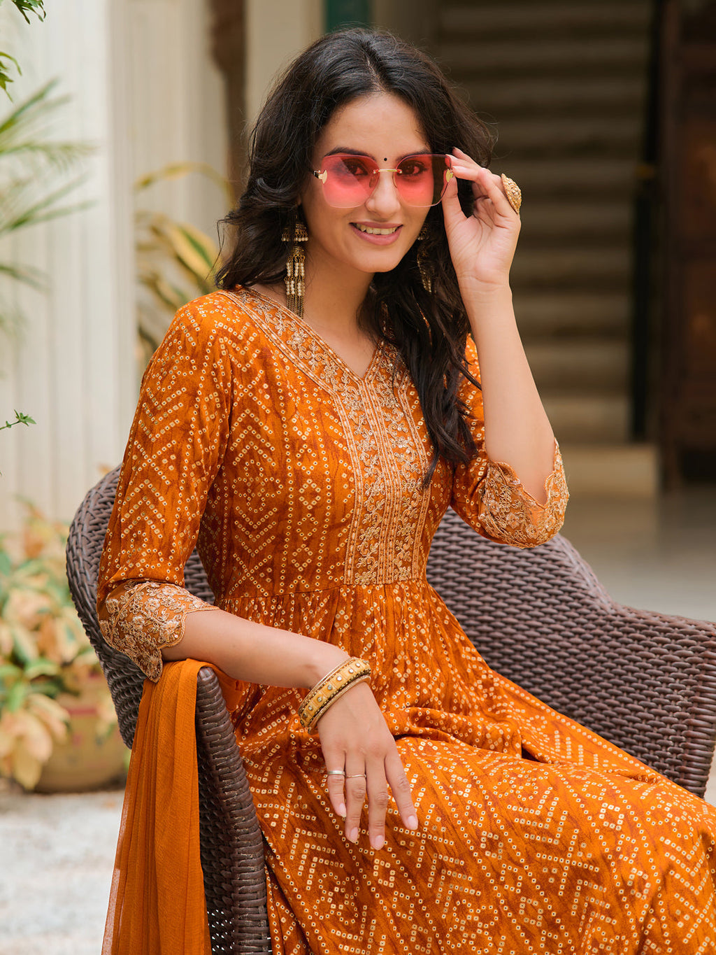 Nyra Cut Embroidered & Bandhani Printed Kurta With Lace Embroidered Pant & Dupatta, Mustard - Hiral Fashion - Distacart