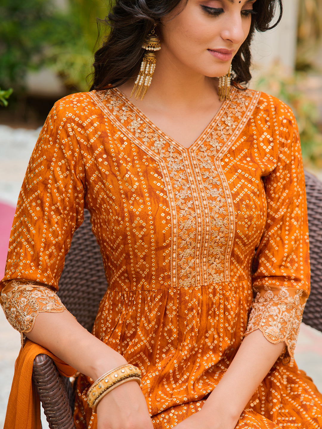 Nyra Cut Embroidered & Bandhani Printed Kurta With Lace Embroidered Pant & Dupatta, Mustard - Hiral Fashion - Distacart