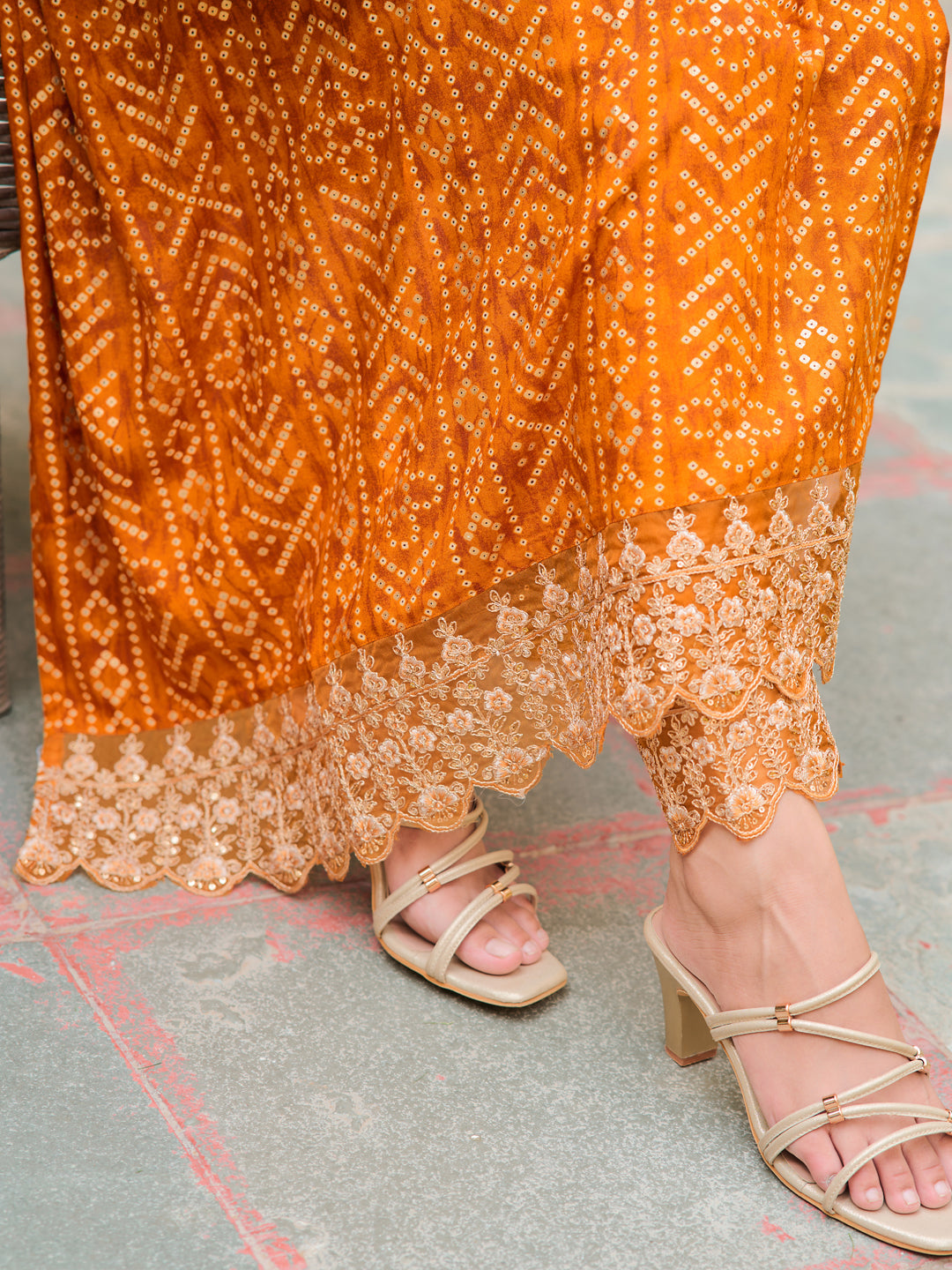 Nyra Cut Embroidered & Bandhani Printed Kurta With Lace Embroidered Pant & Dupatta, Mustard - Hiral Fashion - Distacart