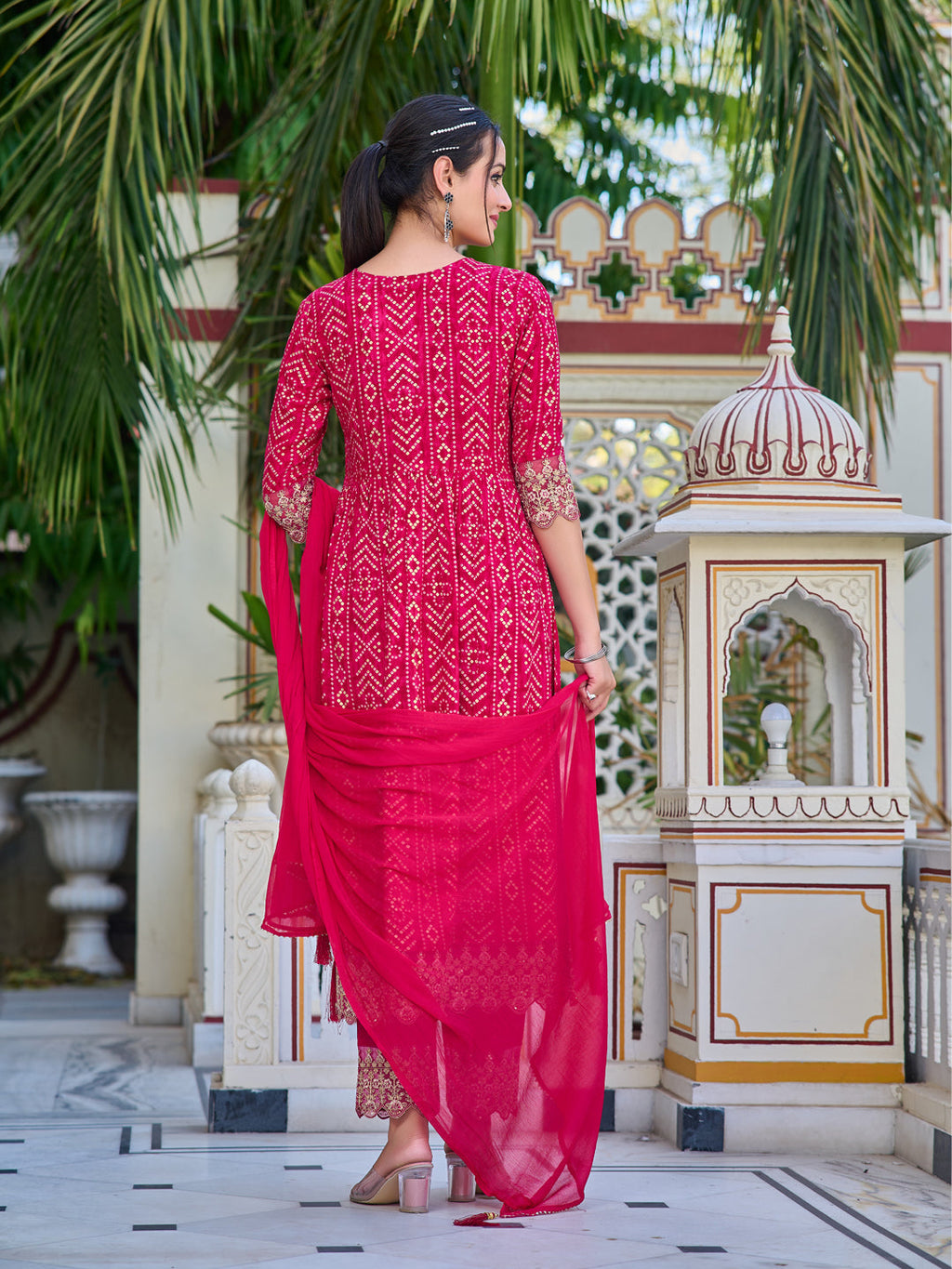 Nyra Cut Embroidered & Bandhani Printed Kurta With Lace Embroidered Pant & Dupatta, Rani - Hiral Fashion - Distacart