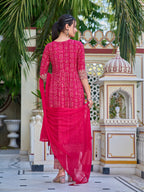 Nyra Cut Embroidered & Bandhani Printed Kurta With Lace Embroidered Pant & Dupatta, Rani - Hiral Fashion - Distacart