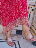 Nyra Cut Embroidered & Bandhani Printed Kurta With Lace Embroidered Pant & Dupatta, Rani - Hiral Fashion - Distacart