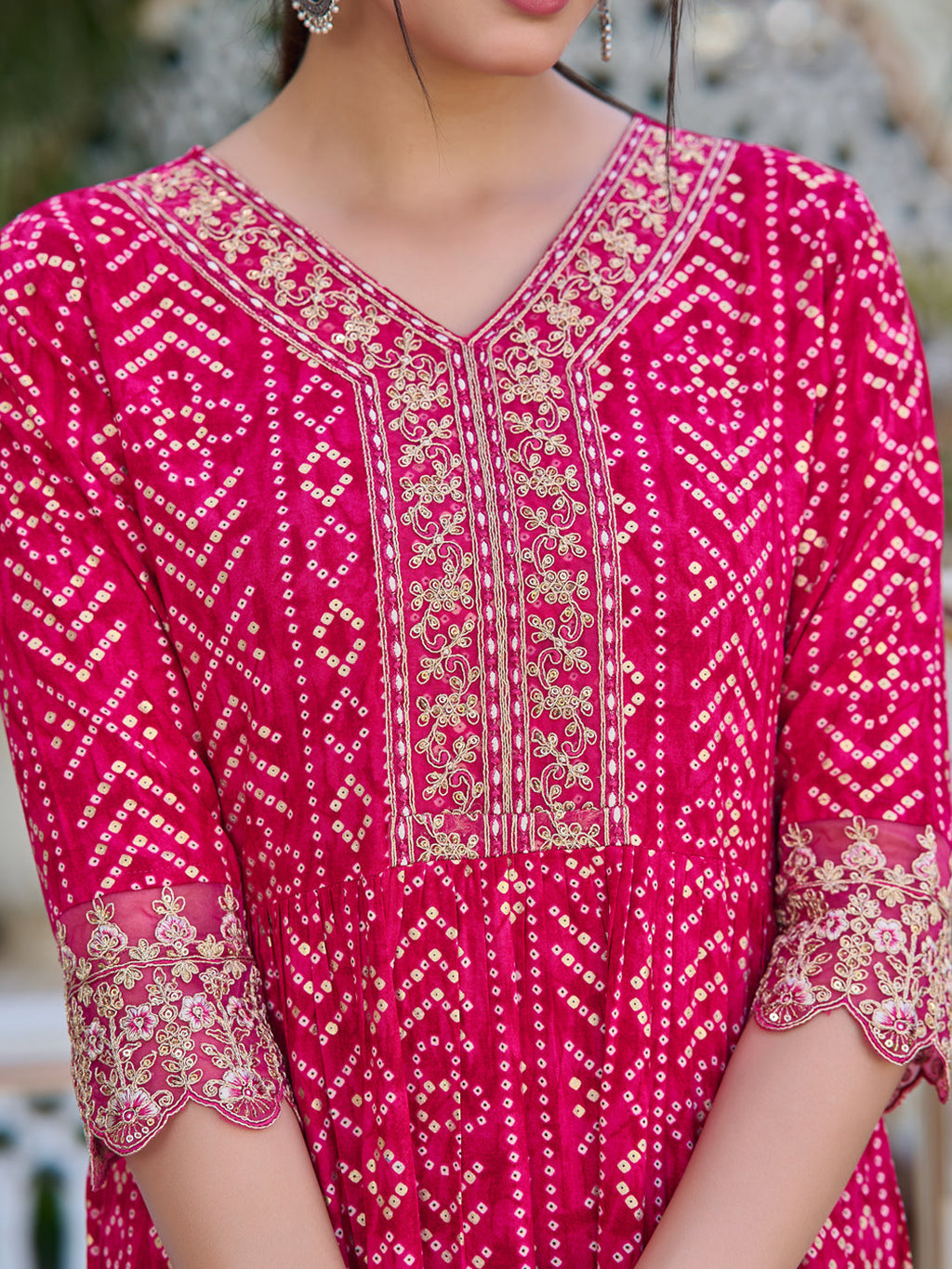 Nyra Cut Embroidered & Bandhani Printed Kurta With Lace Embroidered Pant & Dupatta, Rani - Hiral Fashion - Distacart