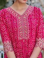 Nyra Cut Embroidered & Bandhani Printed Kurta With Lace Embroidered Pant & Dupatta, Rani - Hiral Fashion - Distacart