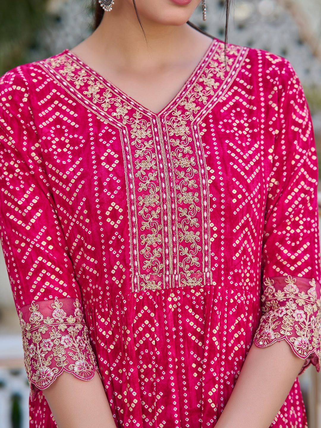 Nyra Cut Embroidered & Bandhani Printed Kurta With Lace Embroidered Pant & Dupatta, Rani - Hiral Fashion - Distacart