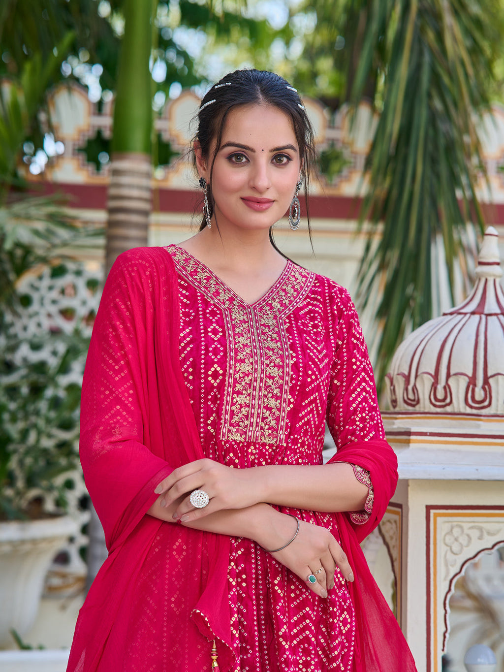 Nyra Cut Embroidered & Bandhani Printed Kurta With Lace Embroidered Pant & Dupatta, Rani - Hiral Fashion - Distacart