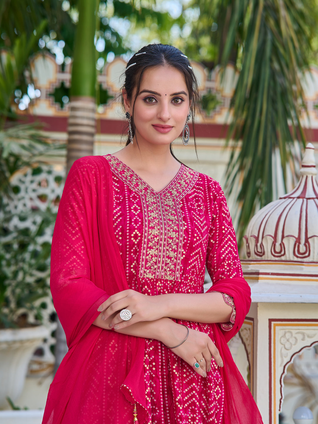 Nyra Cut Embroidered & Bandhani Printed Kurta With Lace Embroidered Pant & Dupatta, Rani - Hiral Fashion - Distacart