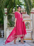 Nyra Cut Embroidered & Bandhani Printed Kurta With Lace Embroidered Pant & Dupatta, Rani - Hiral Fashion - Distacart