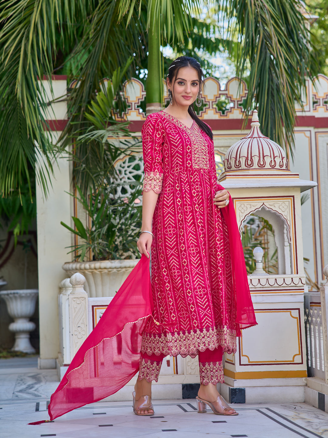 Nyra Cut Embroidered & Bandhani Printed Kurta With Lace Embroidered Pant & Dupatta, Rani - Hiral Fashion - Distacart