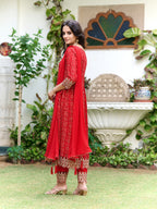 Nyra Cut Embroidered & Bandhani Printed Kurta With Lace Embroidered Pant & Dupatta, Red - Hiral Fashion - Distacart