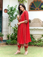 Nyra Cut Embroidered & Bandhani Printed Kurta With Lace Embroidered Pant & Dupatta, Red - Hiral Fashion - Distacart