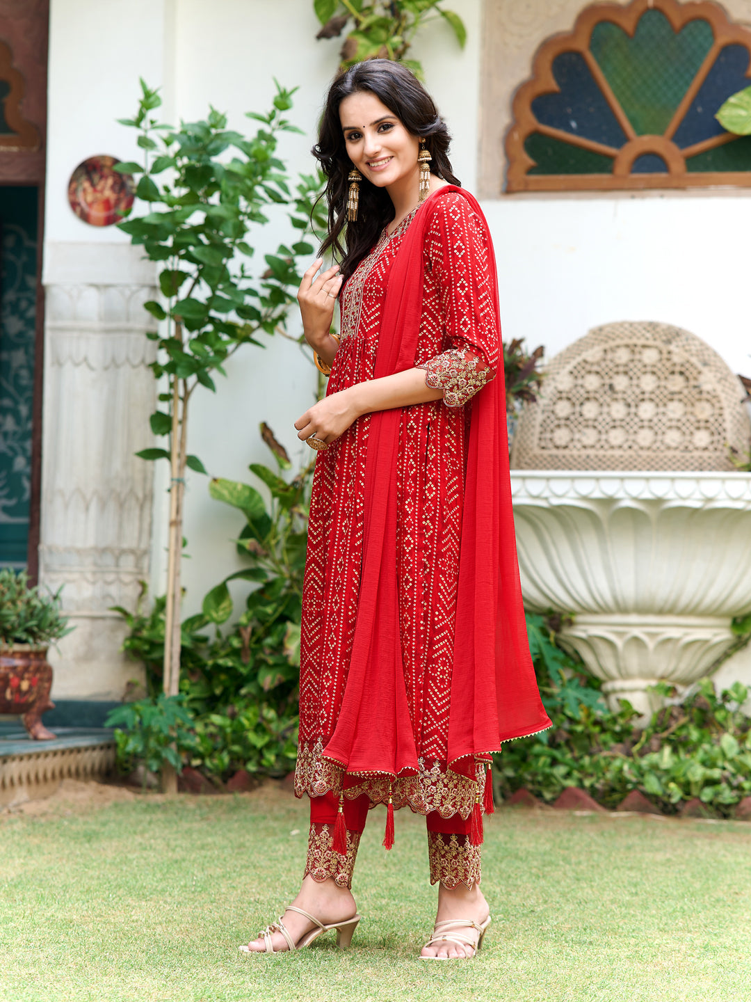 Nyra Cut Embroidered & Bandhani Printed Kurta With Lace Embroidered Pant & Dupatta, Red - Hiral Fashion - Distacart