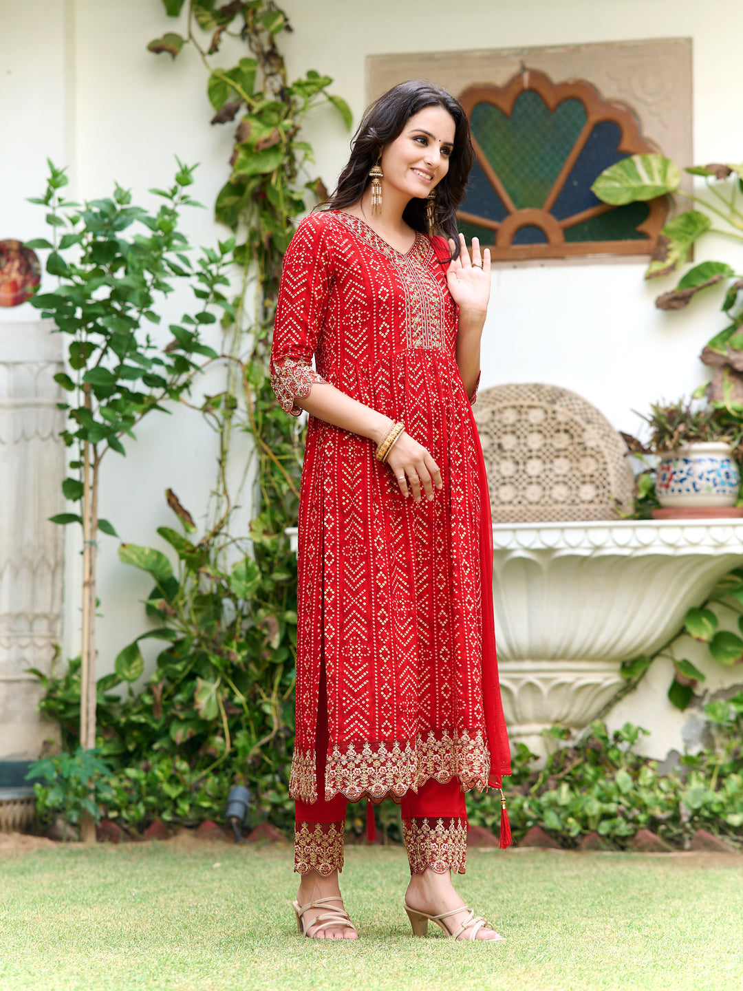 Nyra Cut Embroidered & Bandhani Printed Kurta With Lace Embroidered Pant & Dupatta, Red - Hiral Fashion - Distacart