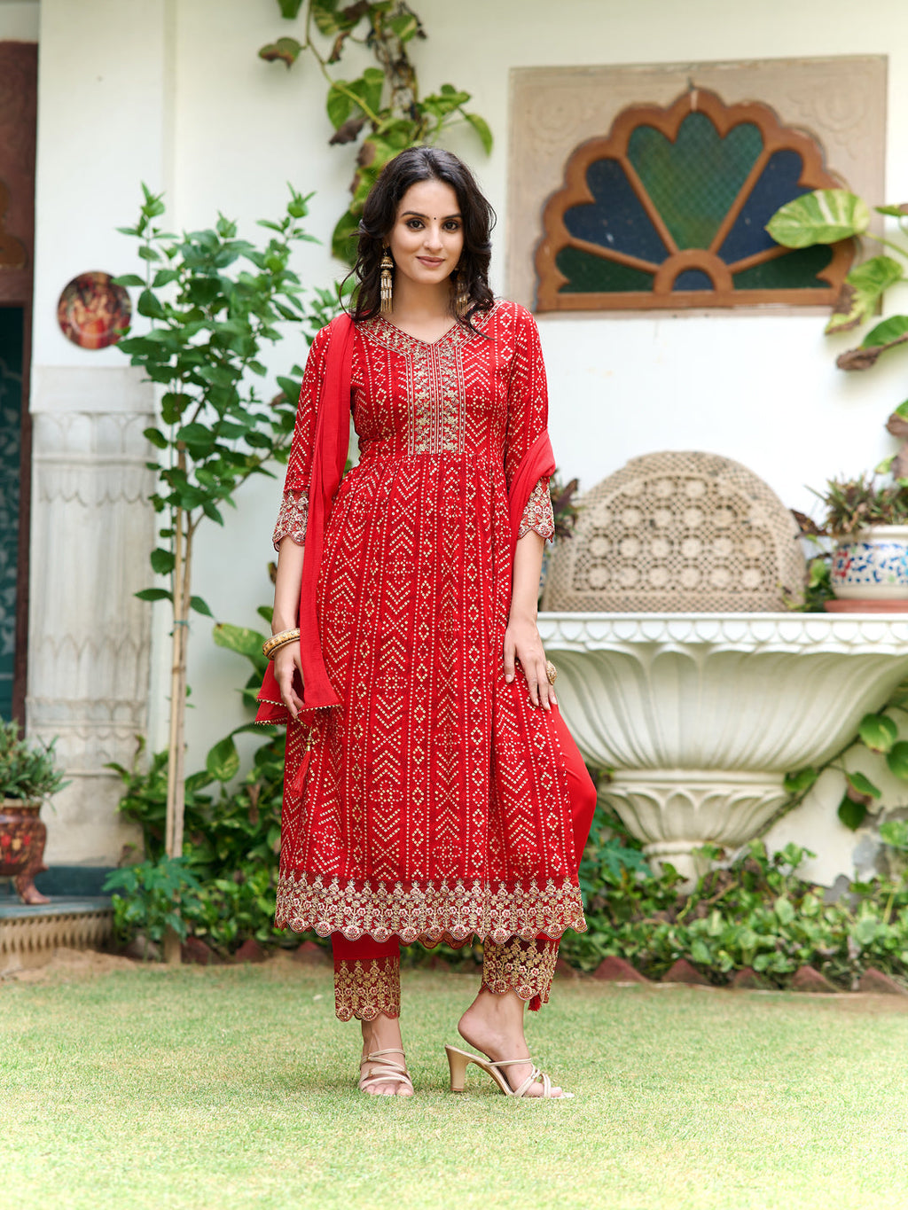 Nyra Cut Embroidered & Bandhani Printed Kurta With Lace Embroidered Pant & Dupatta, Red - Hiral Fashion - Distacart