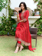 Nyra Cut Embroidered & Bandhani Printed Kurta With Lace Embroidered Pant & Dupatta, Red - Hiral Fashion - Distacart