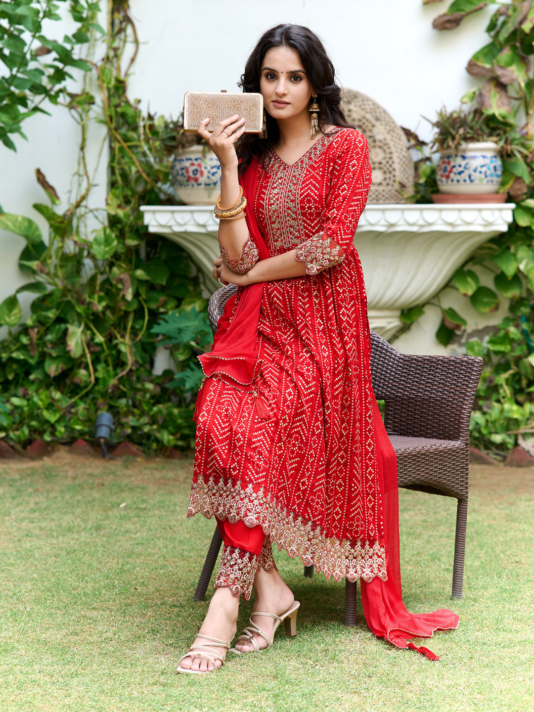 Nyra Cut Embroidered & Bandhani Printed Kurta With Lace Embroidered Pant & Dupatta, Red - Hiral Fashion - Distacart