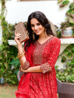 Nyra Cut Embroidered & Bandhani Printed Kurta With Lace Embroidered Pant & Dupatta, Red - Hiral Fashion - Distacart