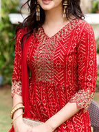 Nyra Cut Embroidered & Bandhani Printed Kurta With Lace Embroidered Pant & Dupatta, Red - Hiral Fashion - Distacart
