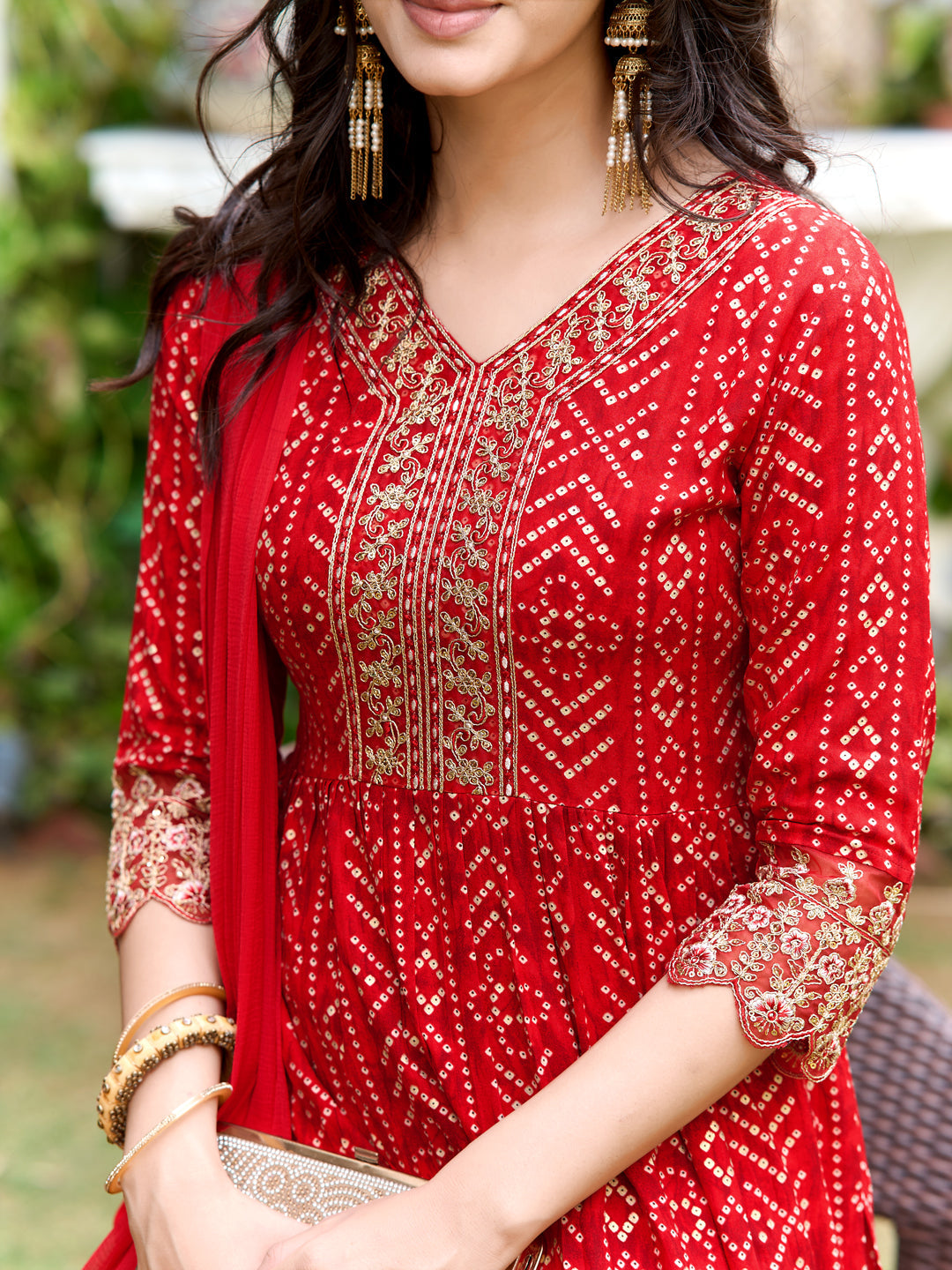 Nyra Cut Embroidered & Bandhani Printed Kurta With Lace Embroidered Pant & Dupatta, Red - Hiral Fashion - Distacart