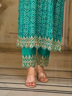 Nyra Cut Embroidered & Bandhani Printed Kurta With Lace Embroidered Pant & Dupatta, Teal - Hiral Fashion - Distacart
