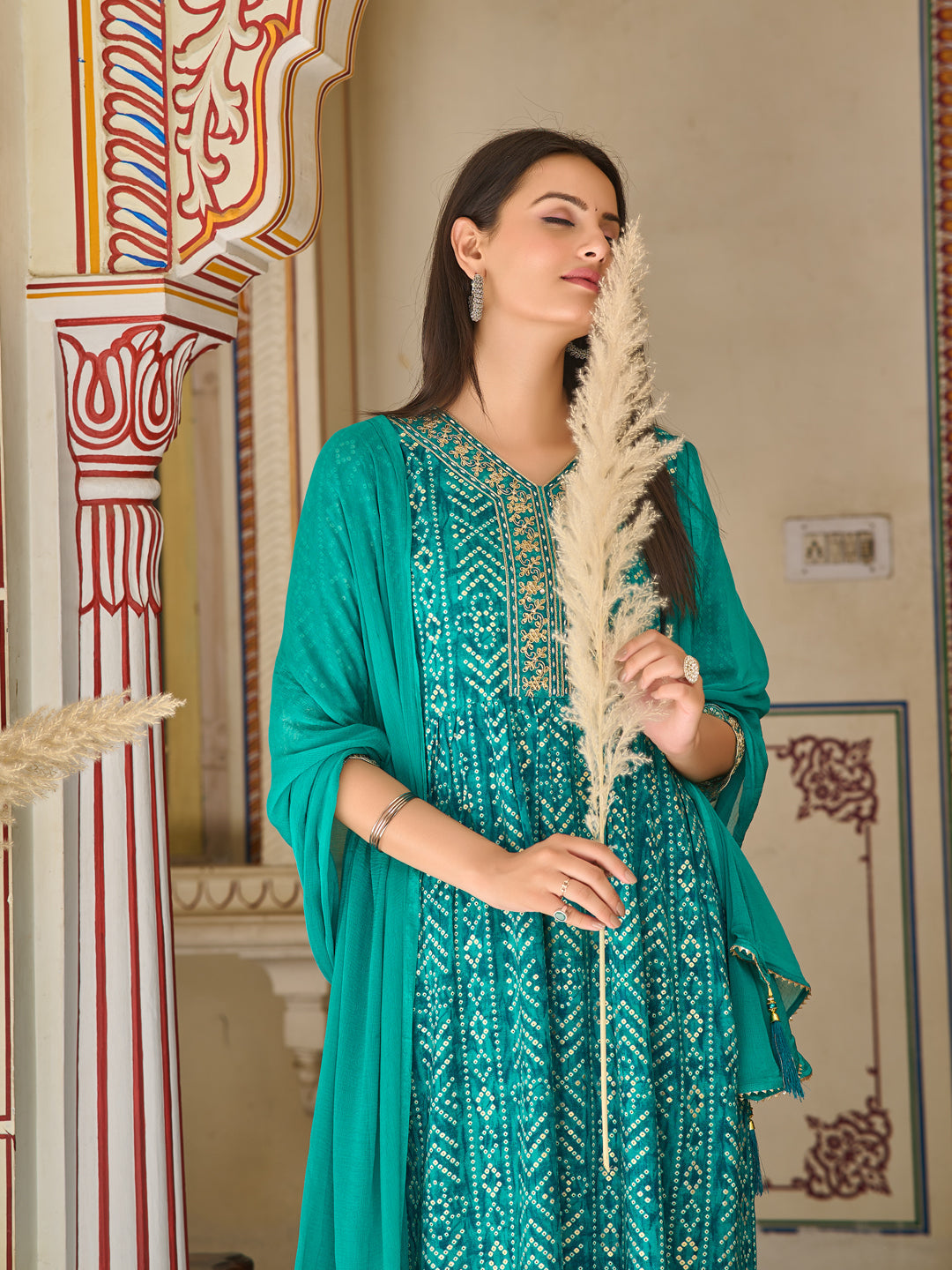 Nyra Cut Embroidered & Bandhani Printed Kurta With Lace Embroidered Pant & Dupatta, Teal - Hiral Fashion - Distacart