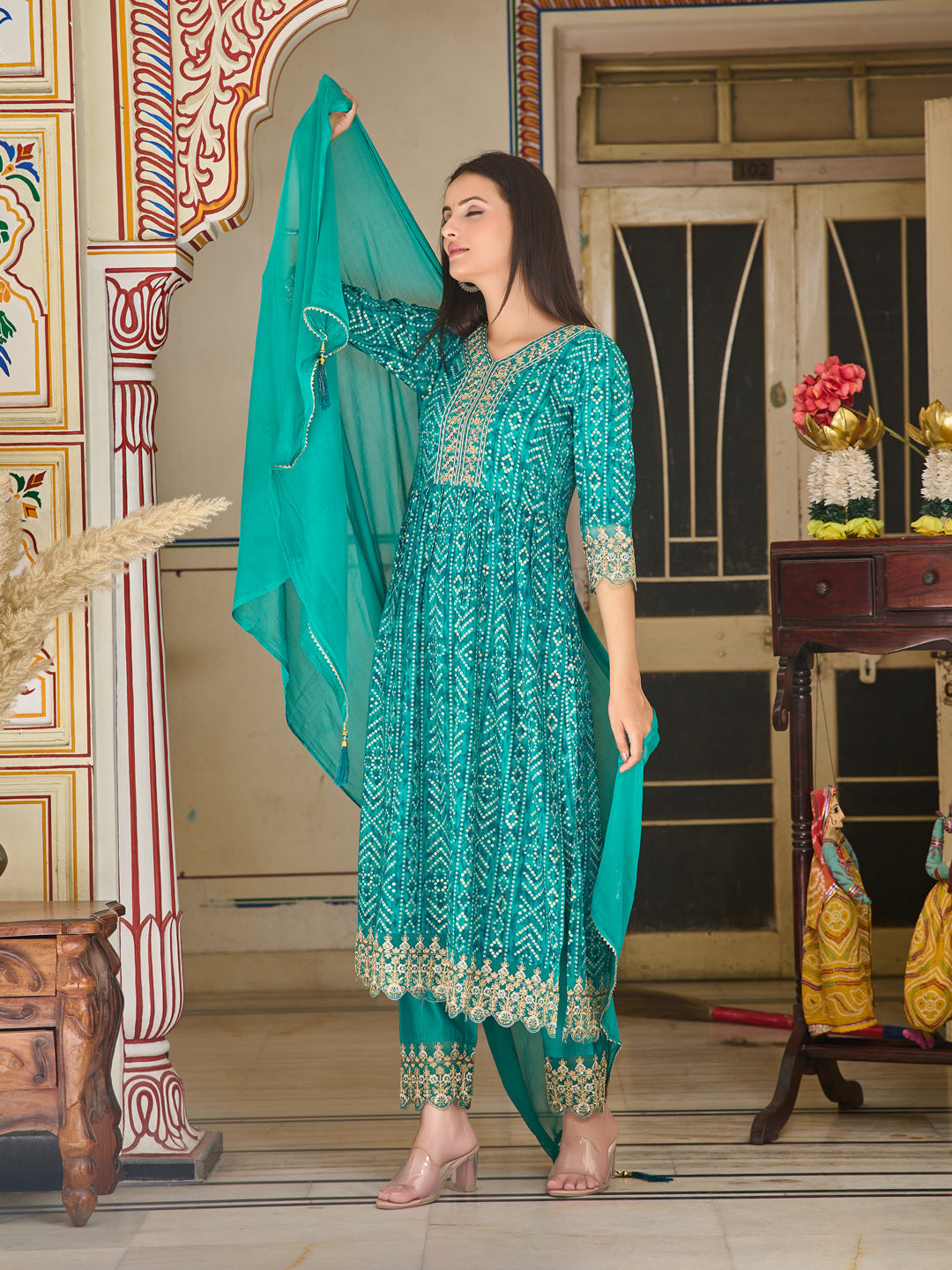 Nyra Cut Embroidered & Bandhani Printed Kurta With Lace Embroidered Pant & Dupatta, Teal - Hiral Fashion - Distacart