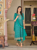 Nyra Cut Embroidered & Bandhani Printed Kurta With Lace Embroidered Pant & Dupatta, Teal - Hiral Fashion - Distacart