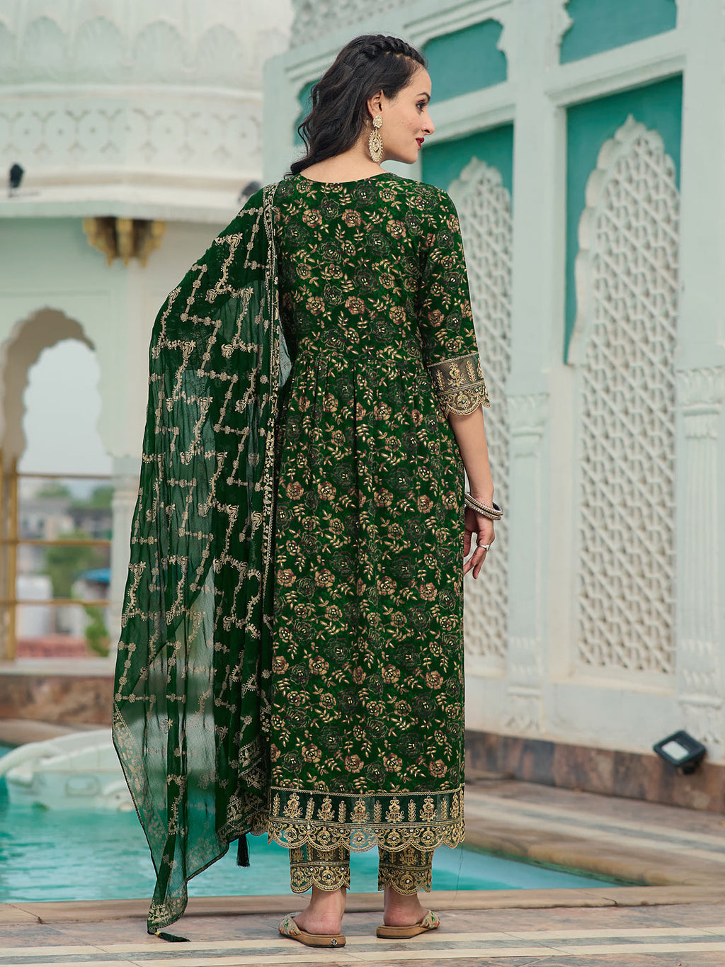 Nyra Cut Embroidered & Floral Printed Kurta With Pant & Foil Print Dupatta, Green - Hiral Fashion - Distacart