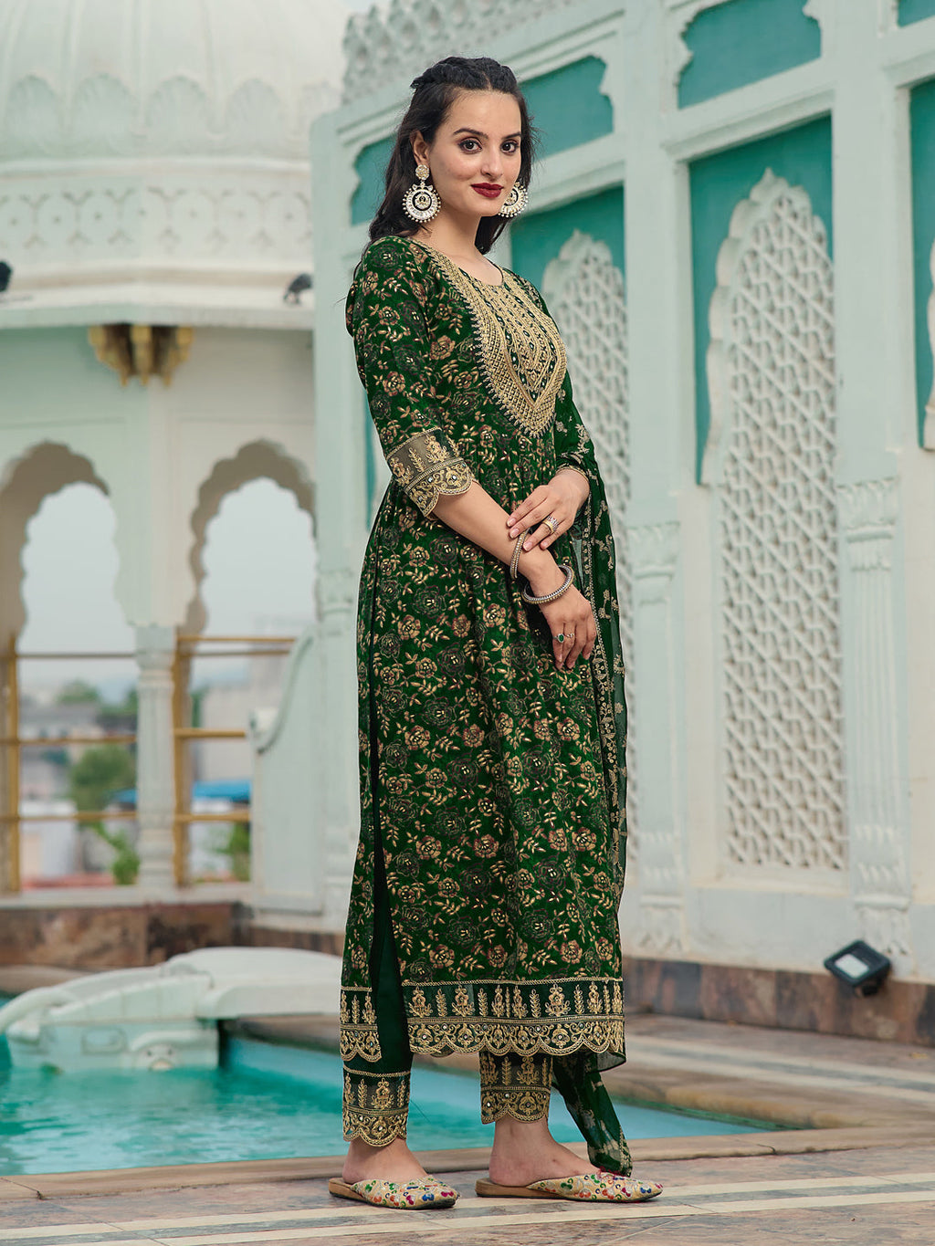Nyra Cut Embroidered & Floral Printed Kurta With Pant & Foil Print Dupatta, Green - Hiral Fashion - Distacart