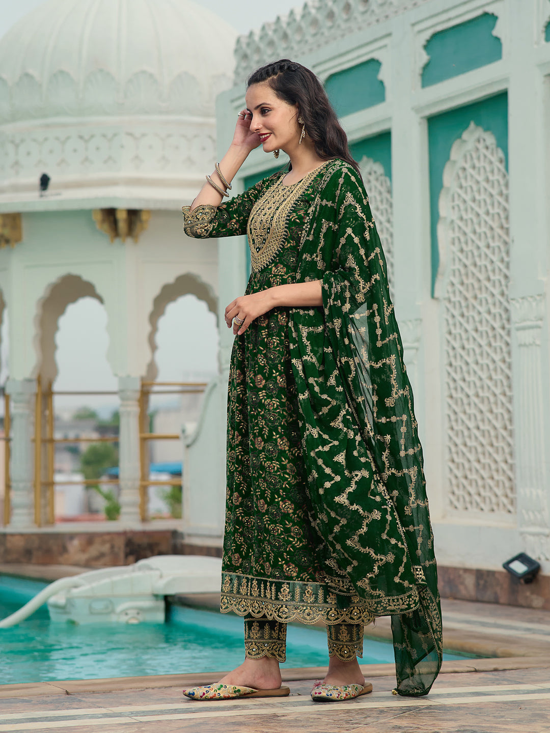 Nyra Cut Embroidered & Floral Printed Kurta With Pant & Foil Print Dupatta, Green - Hiral Fashion - Distacart