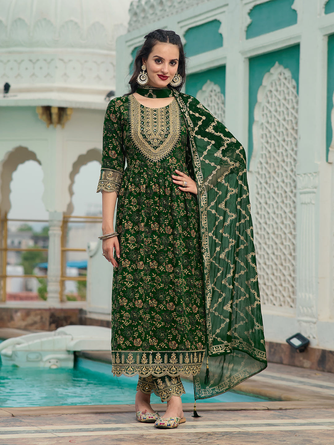 Nyra Cut Embroidered & Floral Printed Kurta With Pant & Foil Print Dupatta, Green - Hiral Fashion - Distacart