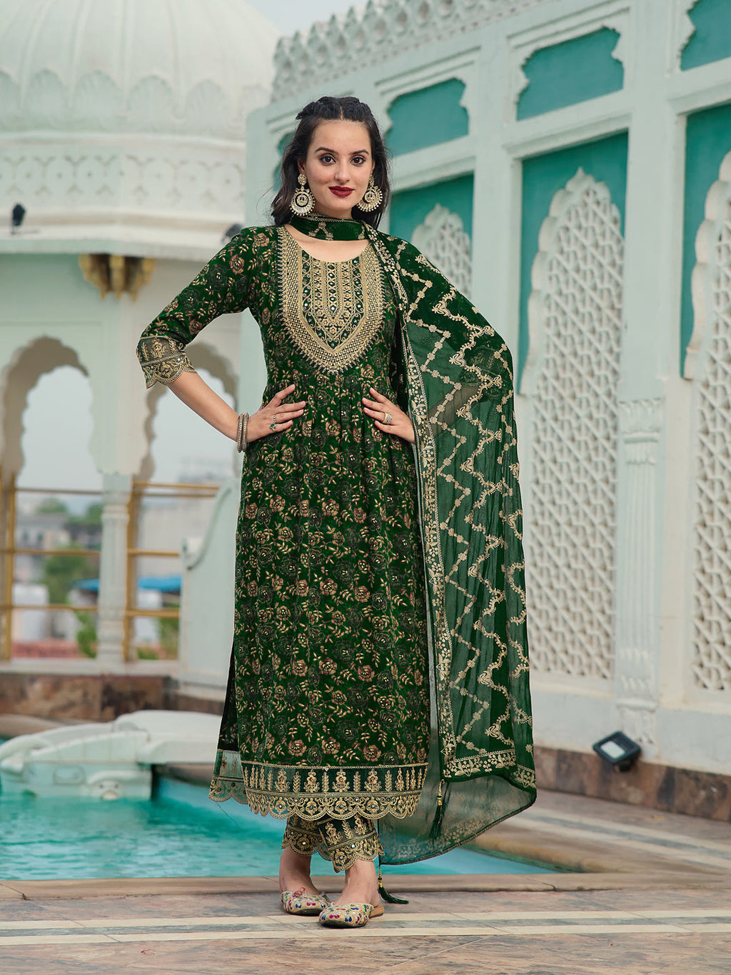 Nyra Cut Embroidered & Floral Printed Kurta With Pant & Foil Print Dupatta, Green - Hiral Fashion - Distacart