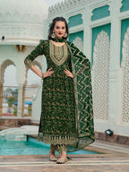 Nyra Cut Embroidered & Floral Printed Kurta With Pant & Foil Print Dupatta, Green - Hiral Fashion - Distacart