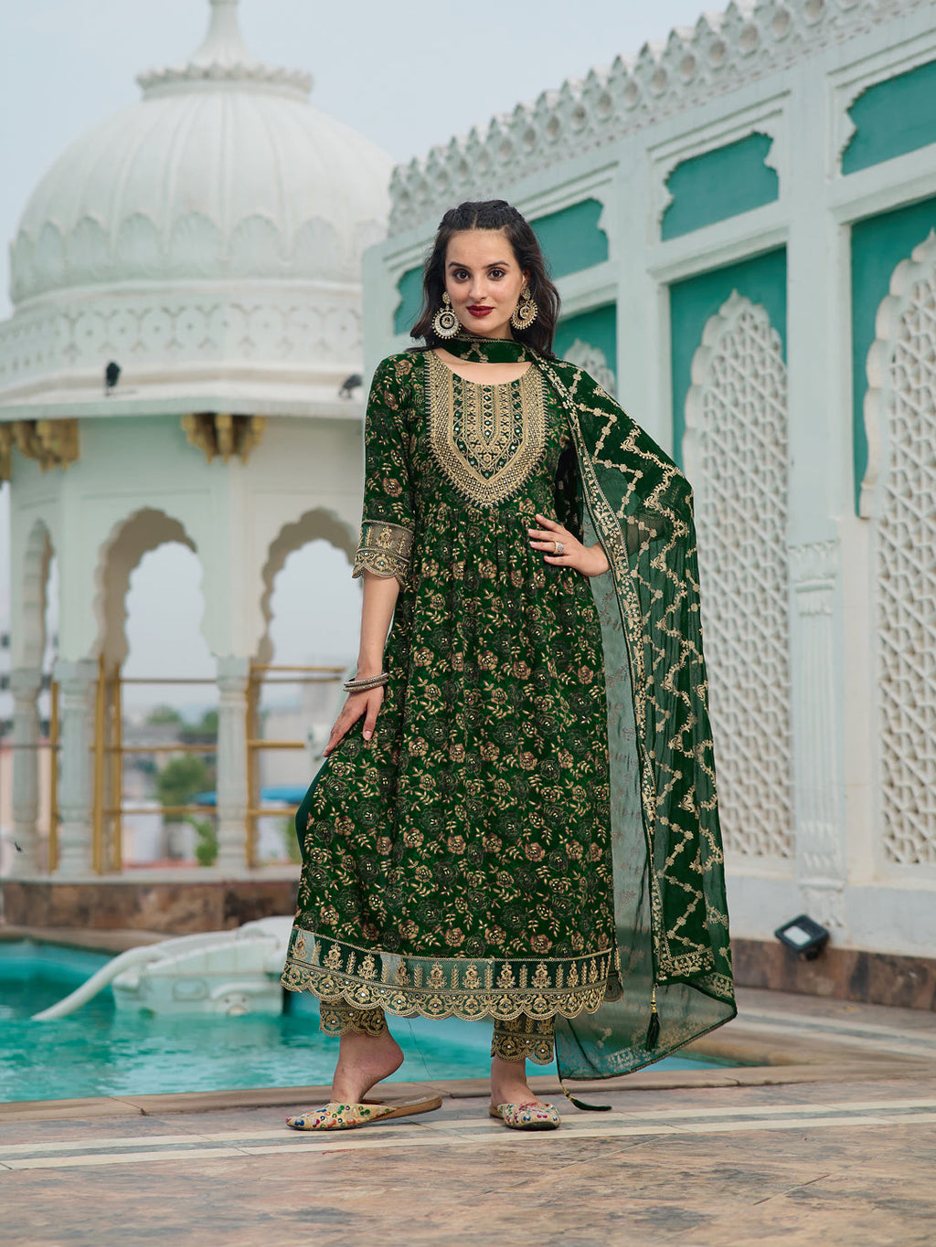 Nyra Cut Embroidered & Floral Printed Kurta With Pant & Foil Print Dupatta, Green - Hiral Fashion - Distacart