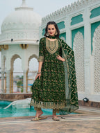 Nyra Cut Embroidered & Floral Printed Kurta With Pant & Foil Print Dupatta, Green - Hiral Fashion - Distacart