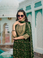 Nyra Cut Embroidered & Floral Printed Kurta With Pant & Foil Print Dupatta, Green - Hiral Fashion - Distacart