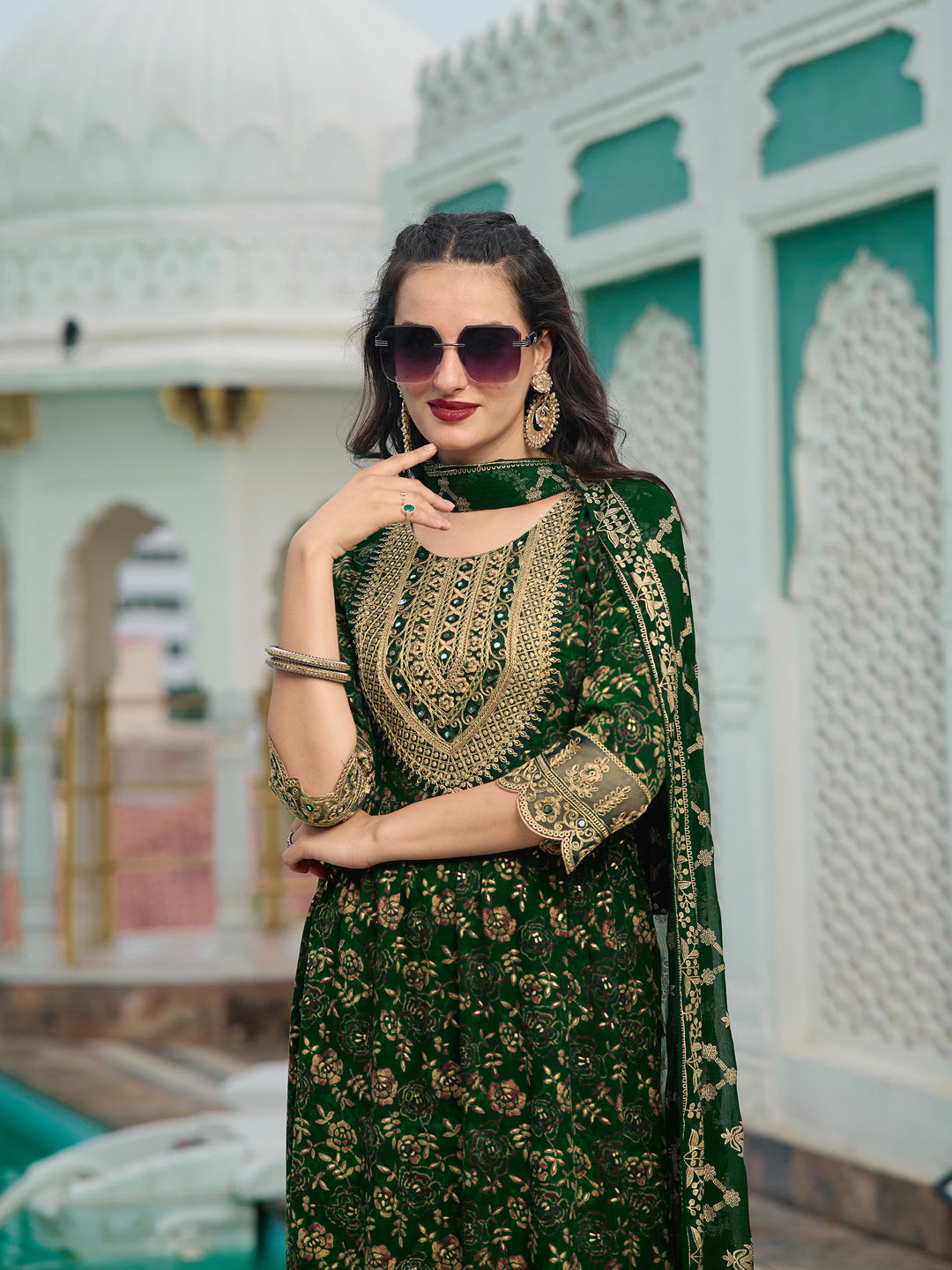 Nyra Cut Embroidered & Floral Printed Kurta With Pant & Foil Print Dupatta, Green - Hiral Fashion - Distacart