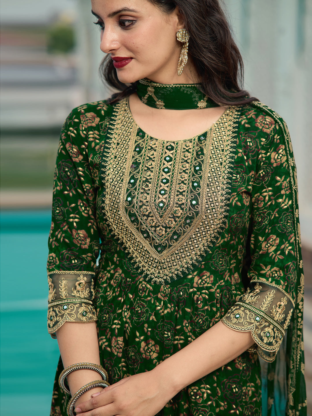 Nyra Cut Embroidered & Floral Printed Kurta With Pant & Foil Print Dupatta, Green - Hiral Fashion - Distacart