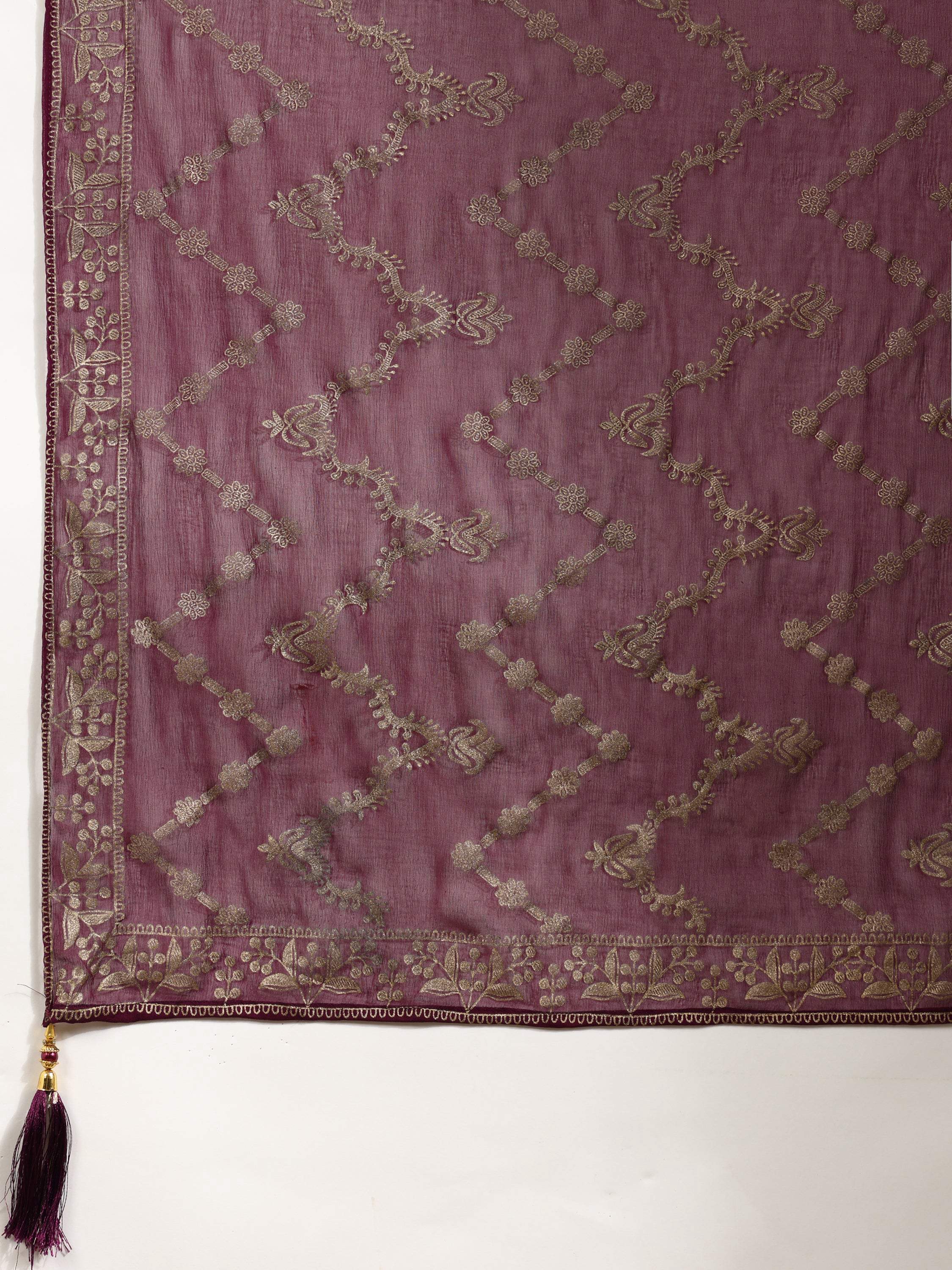 Nyra Cut Embroidered & Floral Printed Kurta With Pant & Foil Print Dupatta, Wine - Hiral Fashion