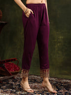 Nyra Cut Embroidered & Floral Printed Kurta With Pant & Foil Print Dupatta, Wine - Hiral Fashion